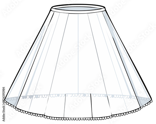 Vintage sheer crinoline petticoat with lace trim hem fashion technical flat sketch