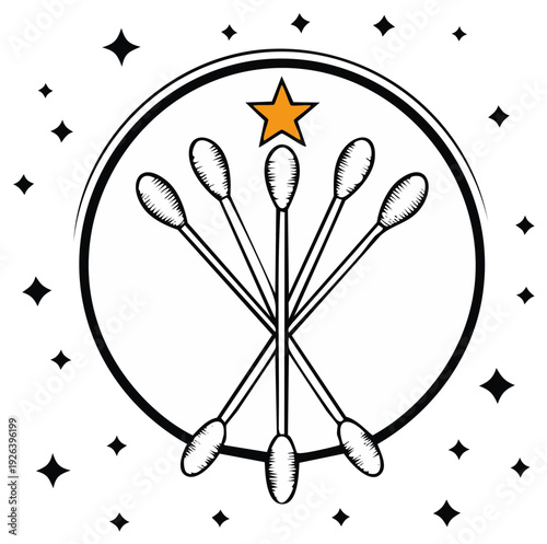 Creative illustration of five cotton swabs arranged in a circular emblem with a star and sparkles