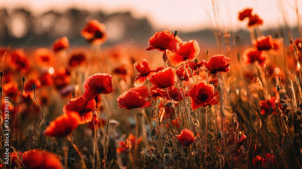 Obraz premium Vibrant red poppies glowing at golden hour in a serene field, perfect for Remembrance Day, Liberation Day, and commemorative commercial projects, featuring 25 April, featuring Italy, featuring Poland