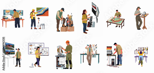 Diverse Earth Scientists Engaged in Geology, Surveying, Data Analysis, and Research Tasks, from Fieldwork to Lab Settings.