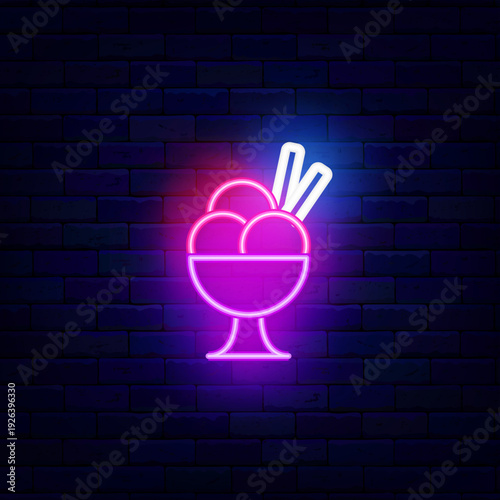 Ice cream in bowl neon icon. Sweet dessert. Frozen milky product. Bright candy shop. Editable stroke. Vector stock illustration