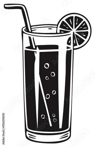 Tall glass of dark beverage with straw and lemon slice, refreshing drink with bubbles, bold illustration