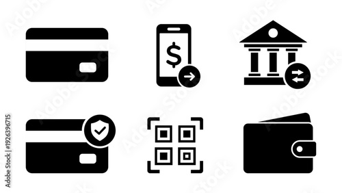 Payment methods icon set with credit card, debit card, wallet, QR code secure payment, mobile and bank transfer symbols. Payment gateway UI icons for ecommerce checkout page, fintech and banking app