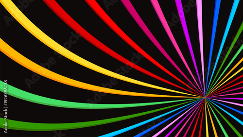 Rainbow curved sunburst lines on black background. Vibrant, colorful, glowing spectrum stripes background. Vector illustration.