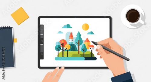 Person drawing a colorful village on a digital tablet with stylus and hands visible