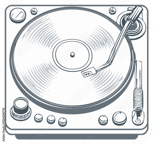Stylized illustration of a vintage turntable with vinyl record