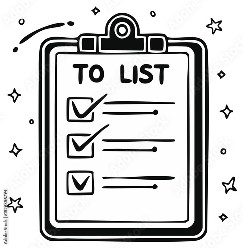 Doodle To List Checkbox On Clipboard Isolated Outlined Task Management Planning Organization