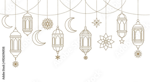 Islamic Ramadan Lanterns and Crescent Moons Hanging Decorations.