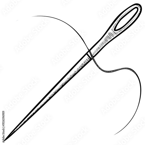 Detailed Illustration of a Needle and Thread, Emphasizing Sewing and Crafting Concepts, Intricate Lines and Black Ink