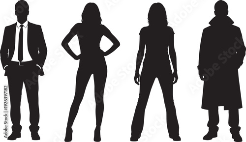 Diverse Character Silhouette Icon Set Featuring Professional Businessman, Elegant Standing Woman, Casual Girl, and Man in Trench Coat for Fashion Design