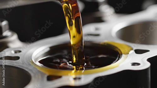 Engine oil being poured into a metal engine block component during maintenance or manufacturing