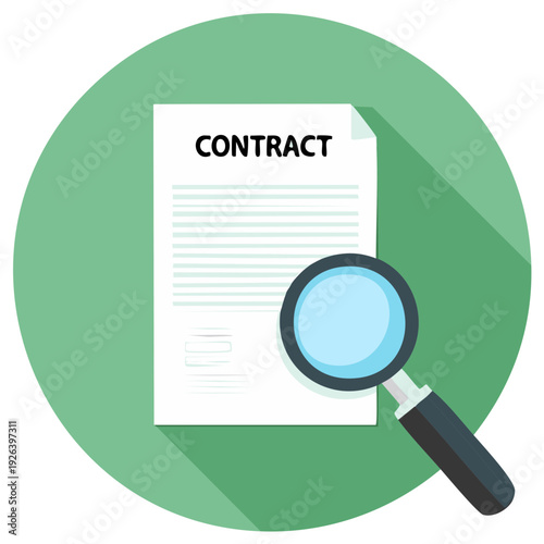 Magnifying glass inspecting a document labeled Contract with detailed text and signature lines