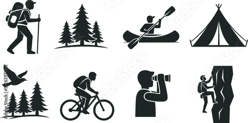 Outdoor Adventure Icon Set Featuring Hiking Camping Mountain Biking Kayaking Rock Climbing Binoculars Tent and Pine Forest Symbols for Travel Tourism