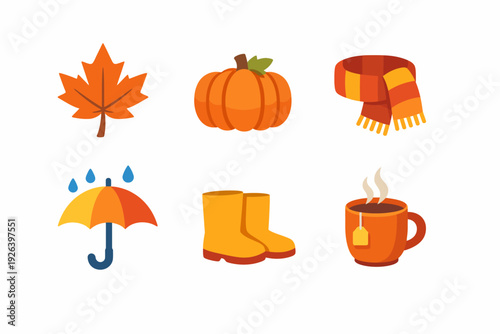 Autumn icons: leaf, pumpkin, scarf, umbrella, boots, tea mug