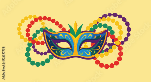 Mardi Gras Mask and Colorful Beads on Yellow Background: Festive Celebration Elements