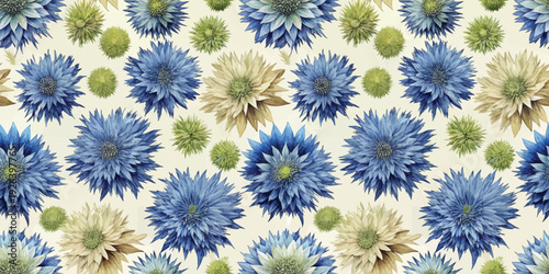 A vibrant pattern of blue and green thistle-like flowers arranged in a repeating design Vector