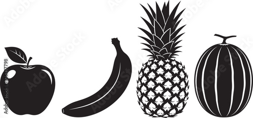 Set of black fruit silhouettes featuring a glossy apple curved banana textured pineapple and a round striped melon for graphic design