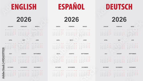2026 trilingual calendar template with week starting Monday, displaying months and weekdays in English, Spanish, and German.