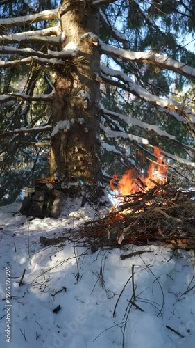 A campfire burns on the snow beside a large pine tree. Snow rests on the branches above. A backpack sits near the trunk. A bushcrafters camp. A wilderness survival concept.