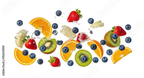 Dynamic Food Photography: Fresh Assorted Fruits, Blueberries, and Water Splashes on Black
