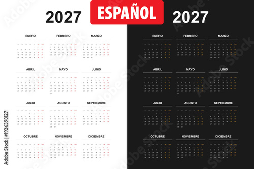 Calendario 2027 en español con diseño limpio y moderno, semana iniciando en lunes.