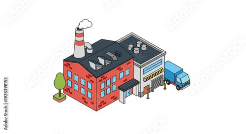 Red Industrial Building with Factory Chimney.