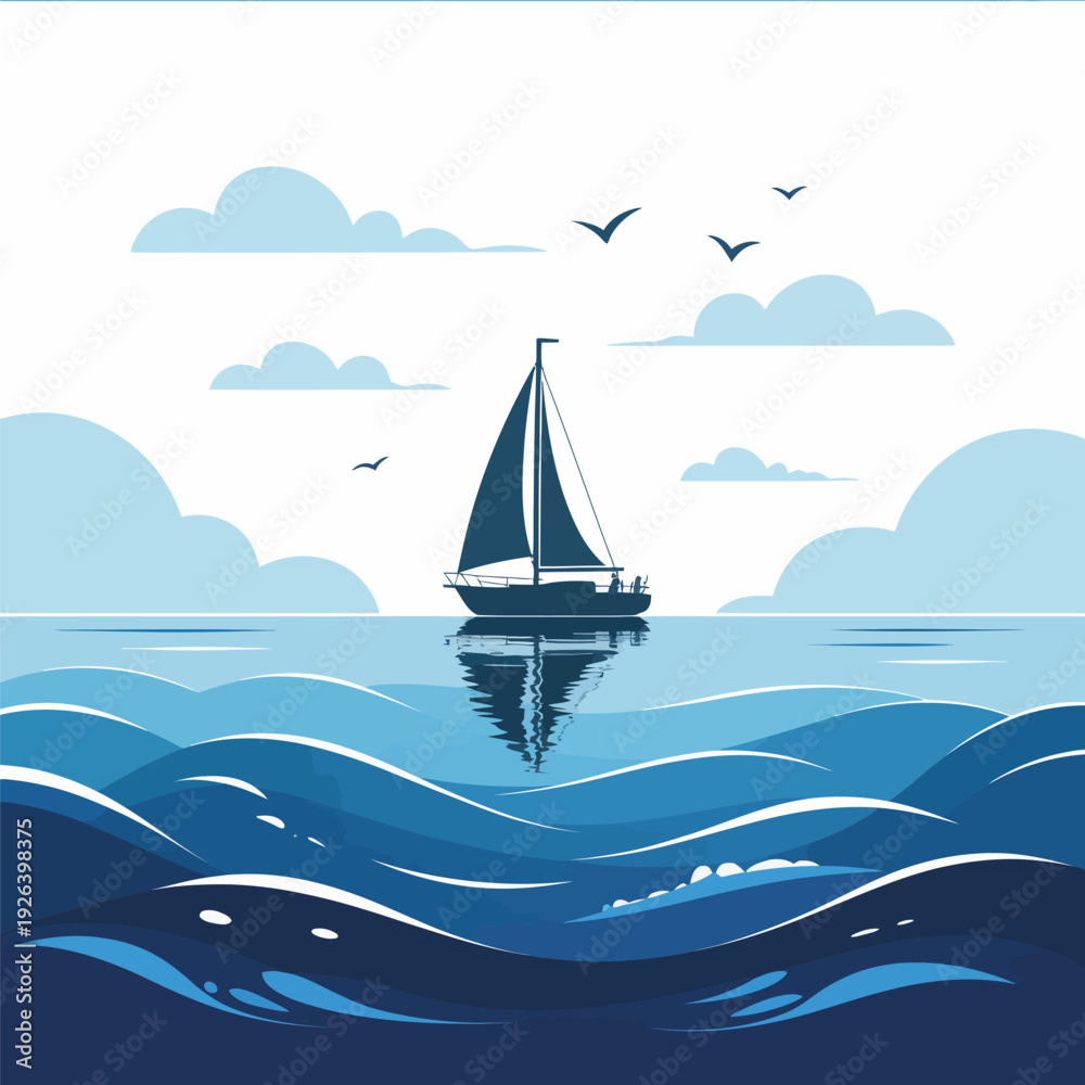 Naklejka premium Sailboat silhouette on wavy sea under cloudy sky with birds