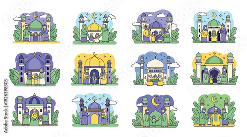 Colorful whimsical fairy tale houses with gardens and doors isolated on white background