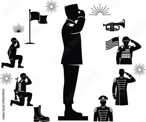Military Soldier Saluting Silhouette Set with Flag Bugle Memorial Ceremony and Remembrance Day Flat Vector Illustration.