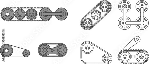 Mechanical gear system tank track and belt drive illustration isolated on white background