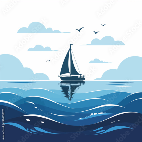 Sailboat silhouette on wavy sea under cloudy sky with birds