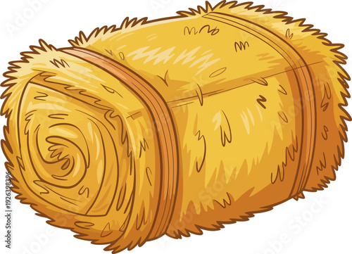 Round cylindrical hay bale tied with rope isolated on white background