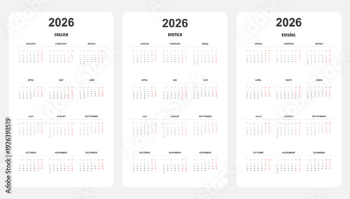 2026 trilingual calendar template with week starting Monday, displaying months and weekdays in English, Spanish, and German.