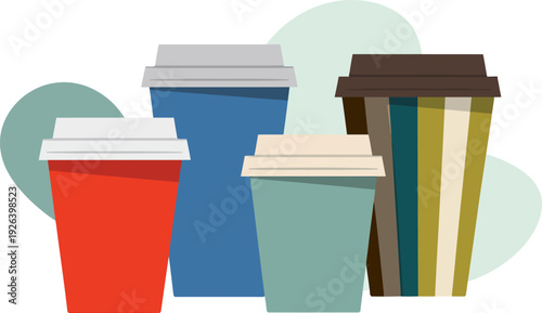 Set of colorful paper coffee cups with lids isolated on white background