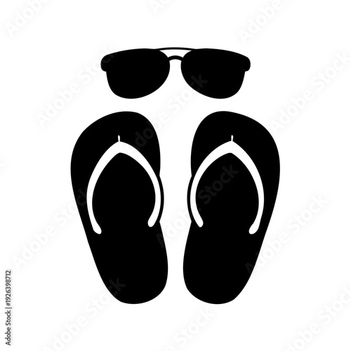 Black summer essentials icon featuring sunglasses and flip flops footwear