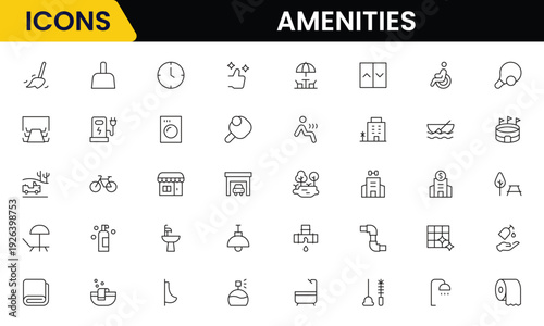 Convenient vector web line icons depicting amenities, facilities, services, pools, gyms, parking, and modern lifestyle conveniences.