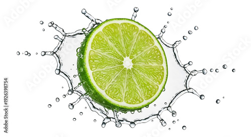 Fresh lime half splashing into clear liquid, healthy food concept, isolated on transparent background