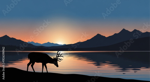 Reindeer Walking Along Lake Shore at Sunset.