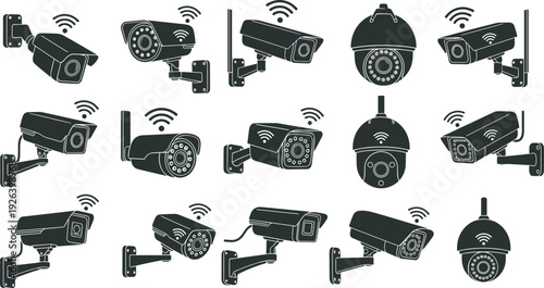 Vector collection of wireless security camera silhouettes and CCTV surveillance system icons isolated on white background for home safety and monitoring. (21 words)