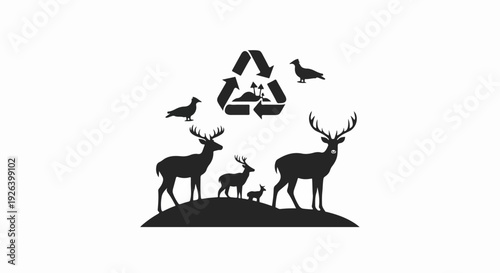 Black silhouette of deer family and birds with recycling symbol overhead, symbolizing wildlife conservation.