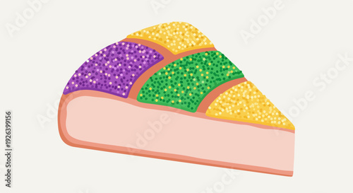 Slice of King Cake with traditional purple, green, and gold sprinkles, signifying Mardi Gras celebration.