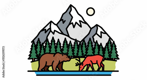 Stylized illustration of a bear and deer near a river with pine trees and snow-capped mountains under a sun.