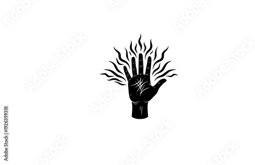 Energy Healing Hand with Vibrational Aura Lines Silhouette. Mindful Zen Spirituality and Manifestation Concept Sticker Vector.
