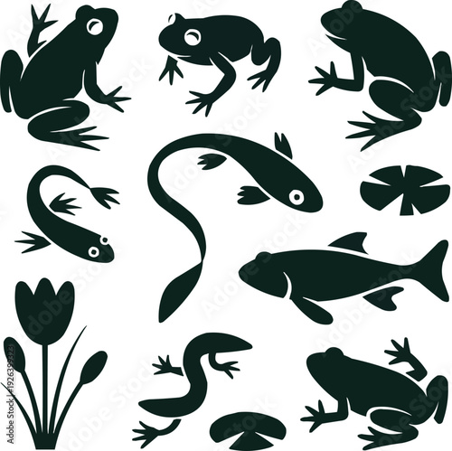 Aquatic Animal Silhouette Icons Set  Frogs, Fish, Salamanders, and Tadpoles