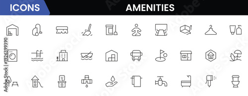 Convenient vector web line icons depicting amenities, facilities, services, pools, gyms, parking, and modern lifestyle conveniences.