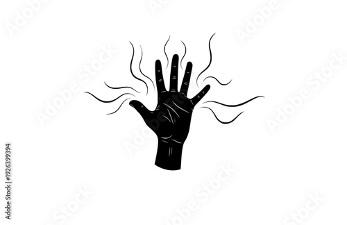 Energy Healing Hand with Vibrational Aura Lines Silhouette. Mindful Zen Spirituality and Manifestation Concept Sticker Vector.