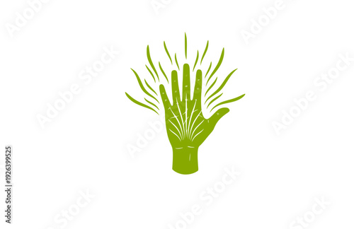 Energy Healing Hand with Vibrational Aura Lines Silhouette. Mindful Zen Spirituality and Manifestation Concept Sticker Vector.
