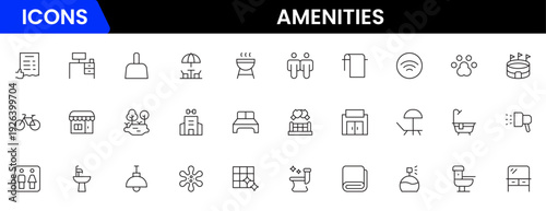 Convenient vector web line icons depicting amenities, facilities, services, pools, gyms, parking, and modern lifestyle conveniences.
