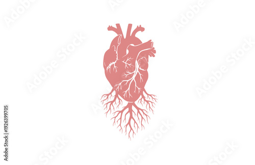 Anatomical Heart with Mycelium Root System Silhouette. Nature Connection and Biological Growth Concept Sticker Design Vector.