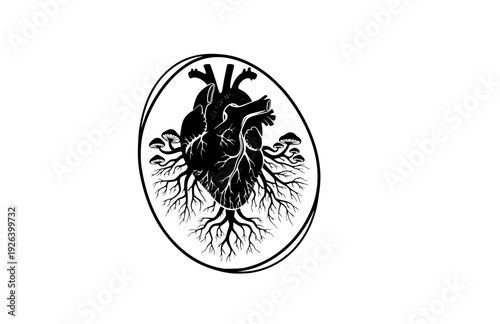 Anatomical Heart with Mycelium Root System Silhouette. Nature Connection and Biological Growth Concept Sticker Design Vector.